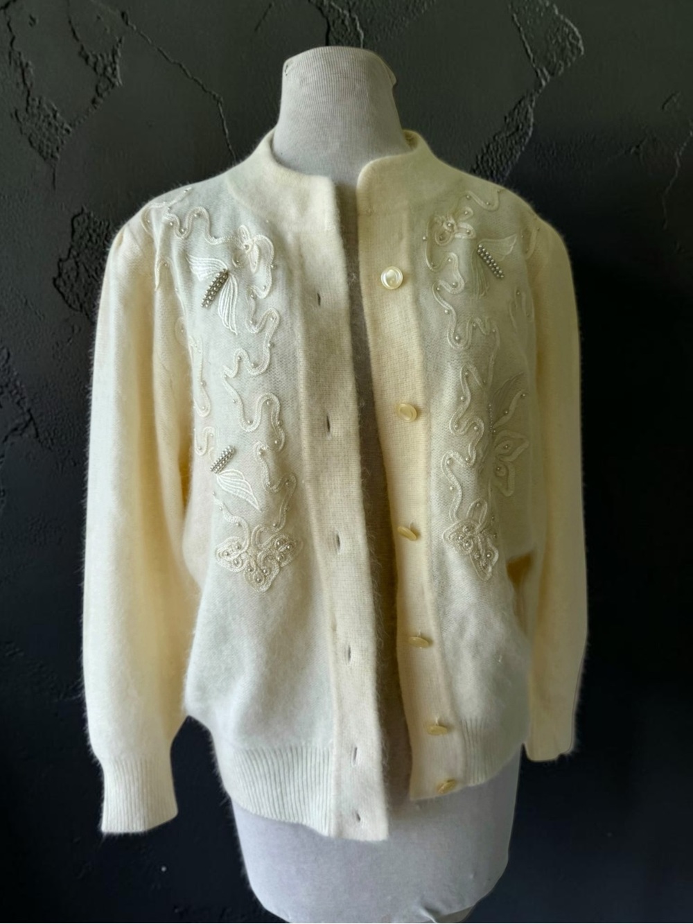 Vtg 80s Angora Cardigan Sweater Embroidered Beaded Applique Pearls M/L Luxury